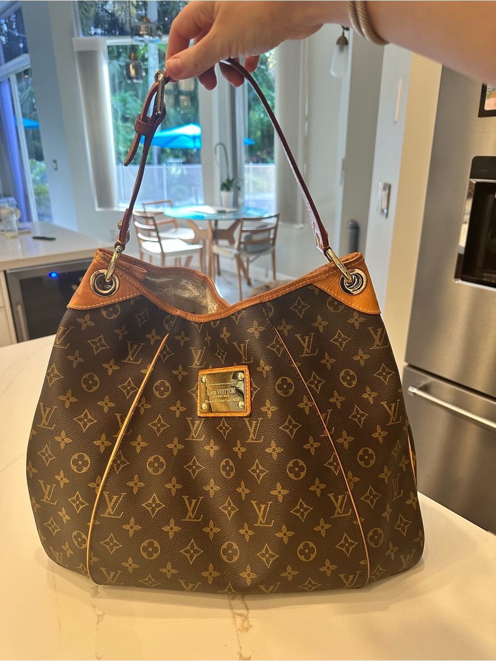 Louis Vuitton Monogram Canvas Galleria Hobo Shoulder Bag with Tan Trim